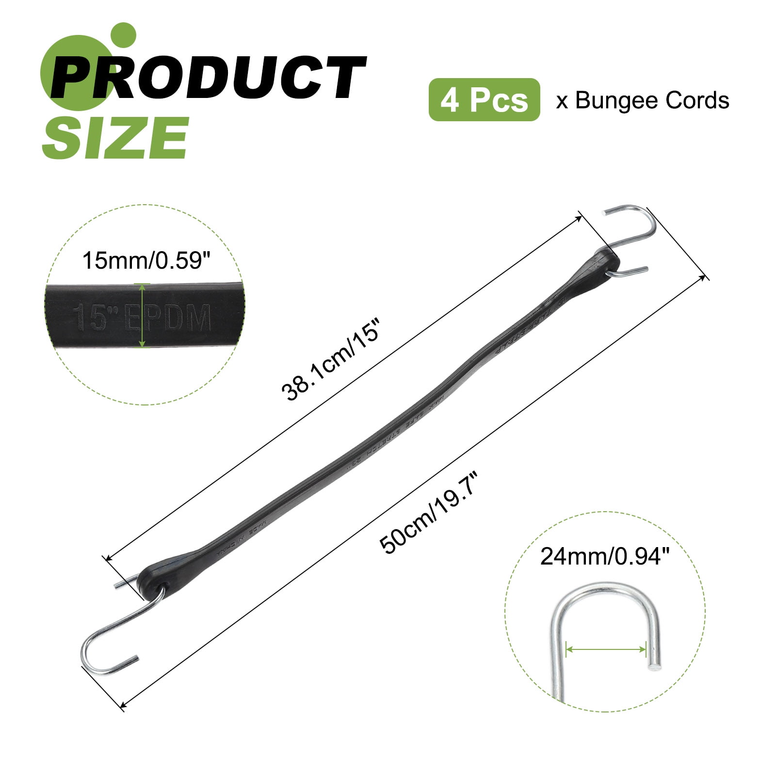 4Pack 15" Bungee Cords with Hooks for Securing Tarps Cargo Trucks Canvases, Black