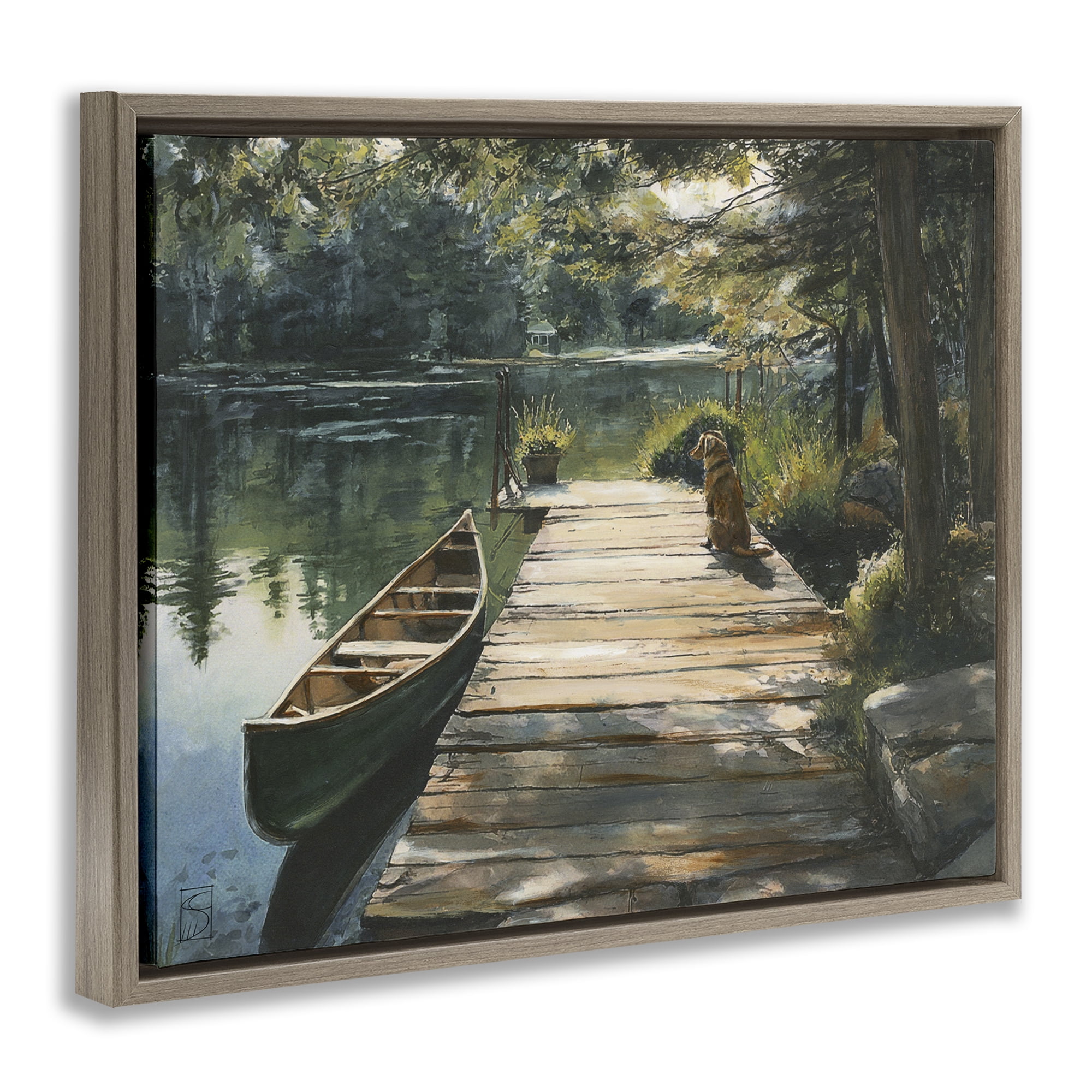 Lake Life Dog on Dock Brown Framed Floater Canvas Wall Art, design by Sara Culpepper