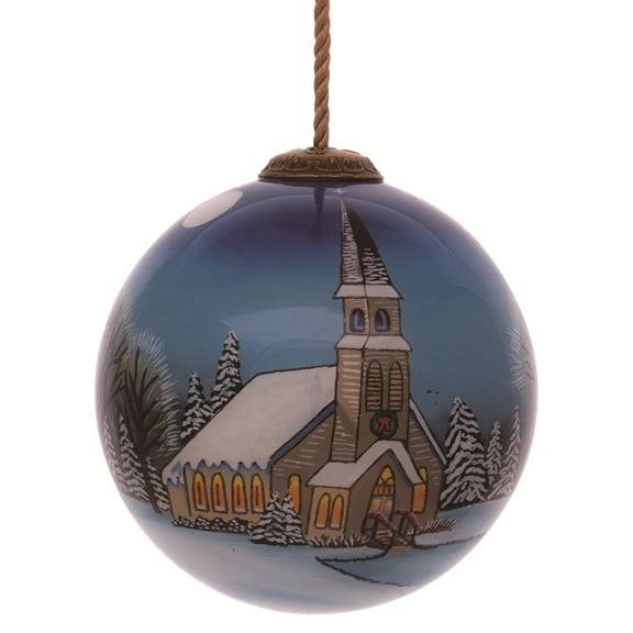 3" Blue and White Heart of the Season Church Hand Painted Glass Hanging Christmas Ornament