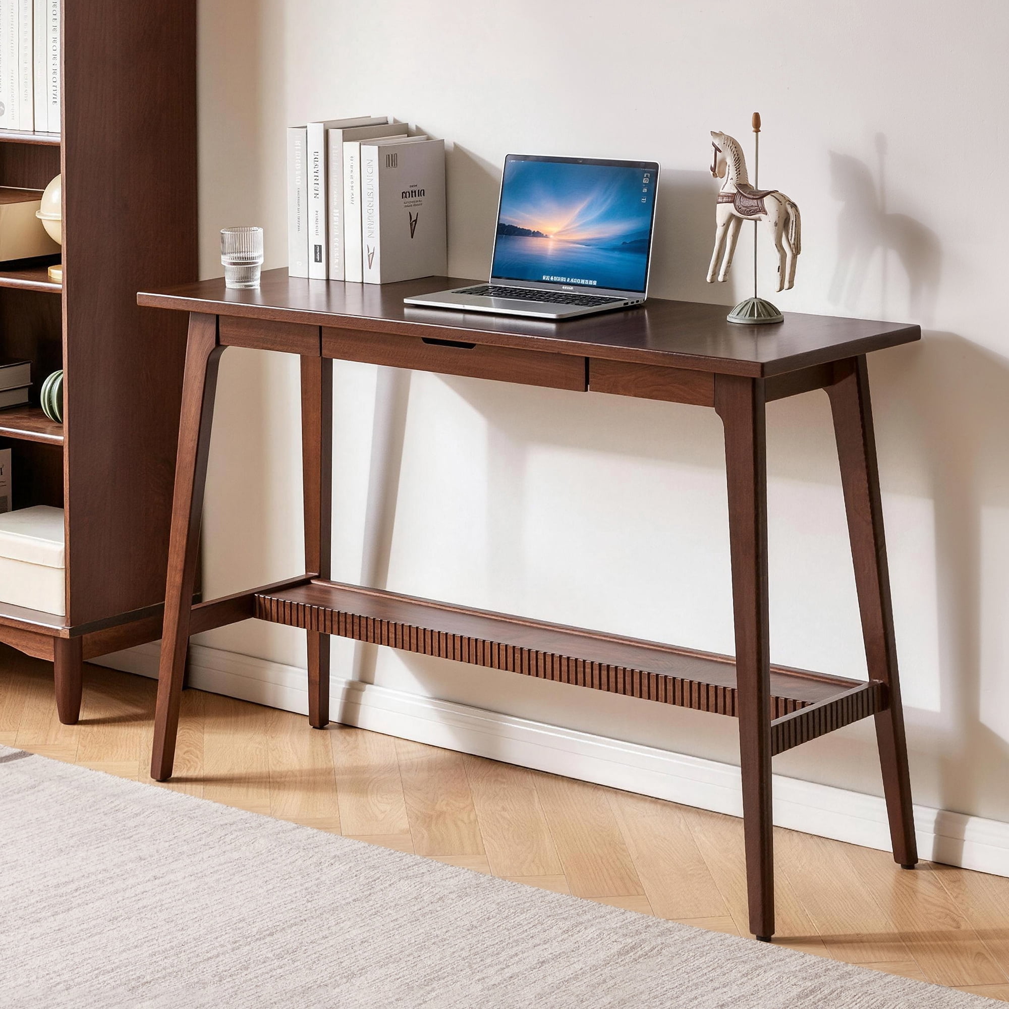 Solid Rubber Wood Desk with Drawer and Storage Shelf, 47.24 in Walnut