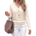 thumbnail image 3 of Women's Solid Ruffled V Neck Button Long Sleeve Knit Sweater Color S, 3 of 10