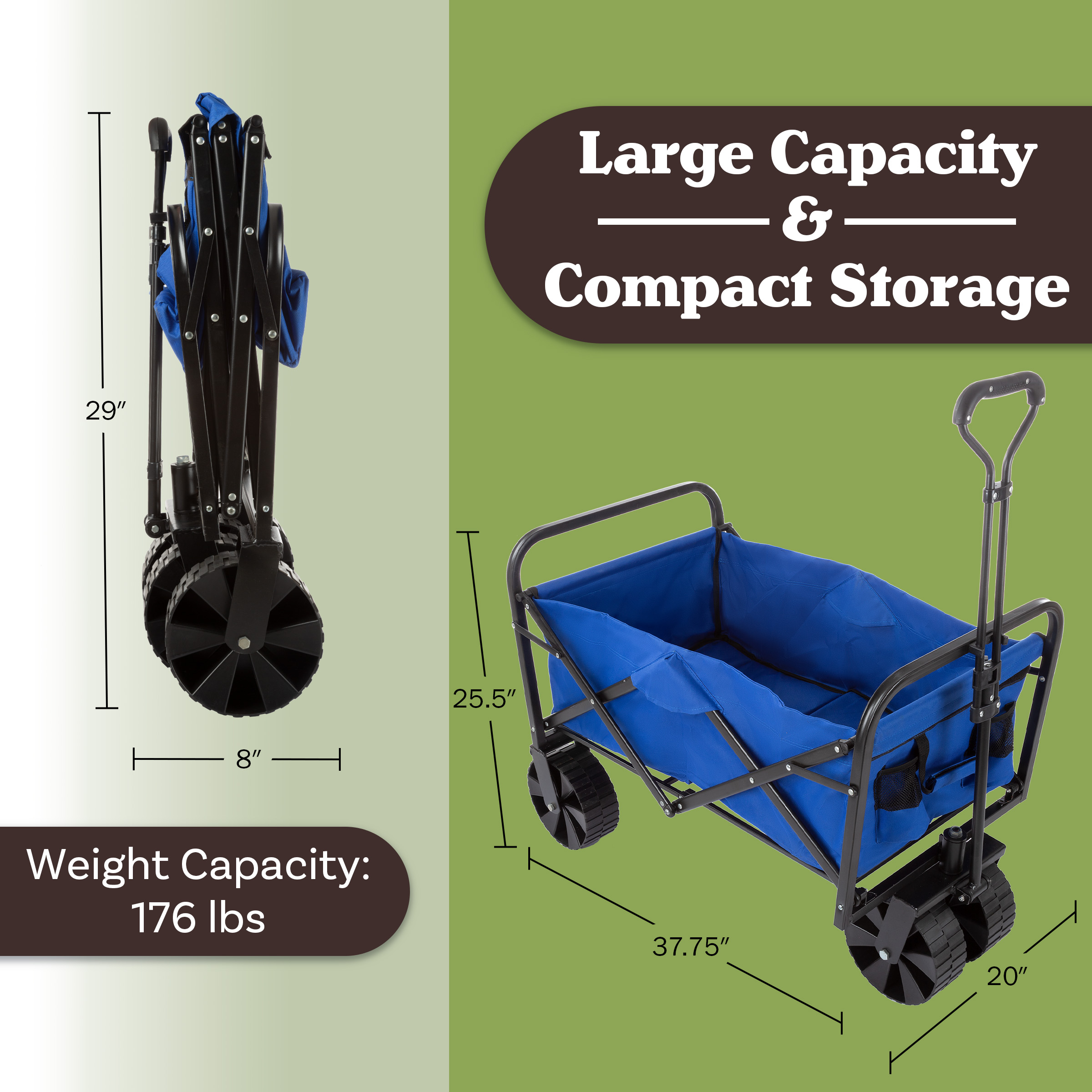 Wakeman Outdoors Collapsible Portable Wagon on Wide Wheels - Garden Cart, Grocery,  or Beach, Blue