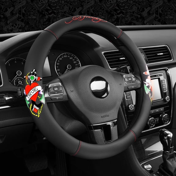 Ed Hardy Steering Wheel Cover, Premium Leather Steering Wheel Cover with Signature Heart Art Design, Non-Slip Grip, Universal Fit for Cars, SUVs & Trucks, Fits 14.5"-15"