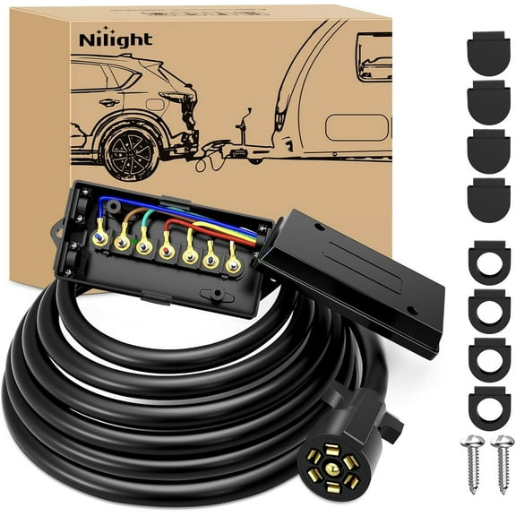 Nilight Heavy Duty 7 Way Inline Trailer Plug with 7 Gang Junction Box - 12 Feet Trailer Connector Cable Wiring Harness with Weatherproof Junction Box Suitable for RV Automotives Cars