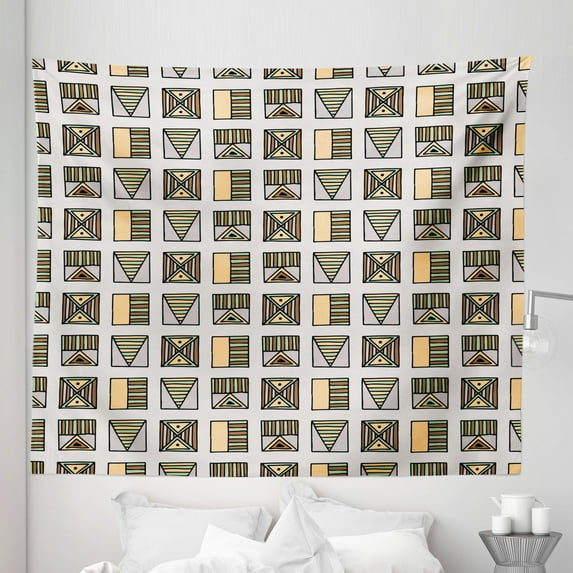 Tribal Tapestry, Egyptian Folkloric Geometric Motifs with Triangles and Stripes Boho Culture, Fabric Wall Hanging Decor for Bedroom Living Room Dorm, 5 Sizes, Multicolor, by Ambesonne