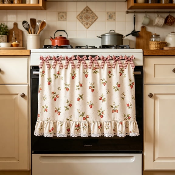30"x22" Oven Skirt Curtain for Kitchen Decor,Girlish Charm Lace Trim & 8 Ribbon Ties,Rustic Decorative Oven Door Curtain for Cottage Kitchen Decor
