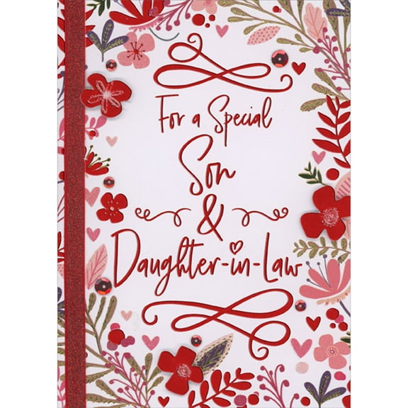 Designer Greetings Three Small Red Foil 3D Die Cut Flowers, Red Ribbon and Sequins and Gold Foil Vines Hand Decorated Valentine's Day Card for Son and Daughter-in-Law