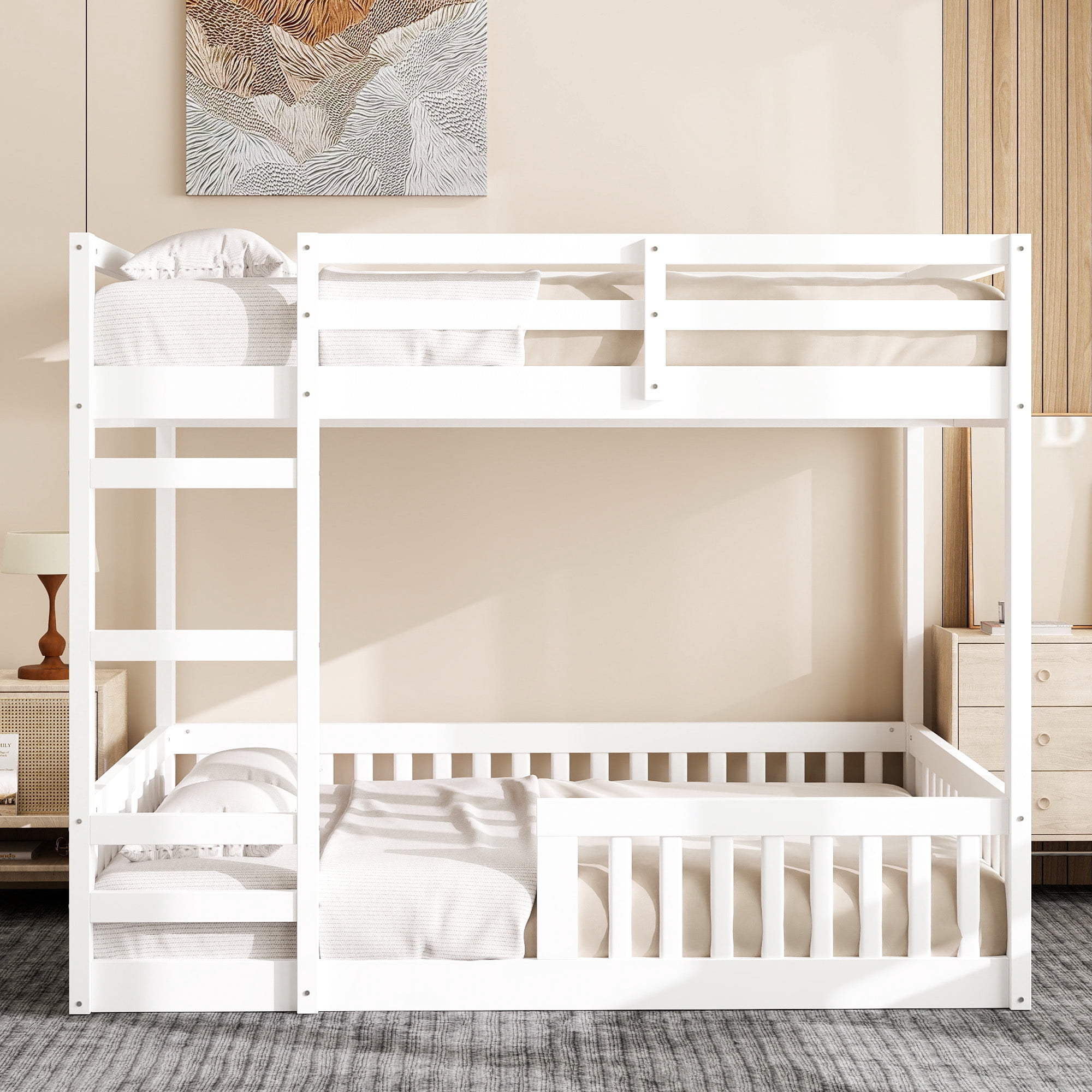 Euroco Full over Full Bunk Bed with Ladder and Guardrails for Kids Teens Adults, White