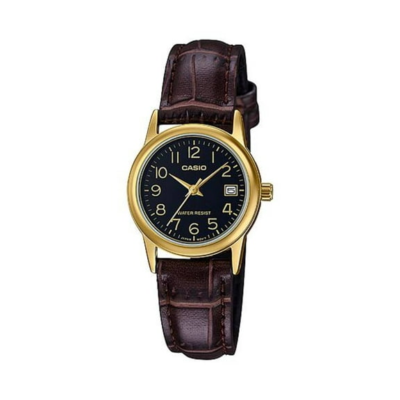 Womens Black Steel Case and Leather Brown Band Water Resist Watch LTP-V002GL-1BUDF