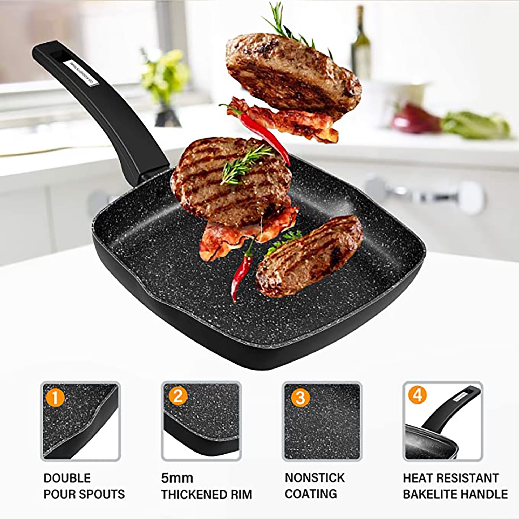 Koch Systeme CS 9.5 inch Nonstick Frying Pan with Lid, Square Omelet Pans, Compatible with All Stovetops, Black