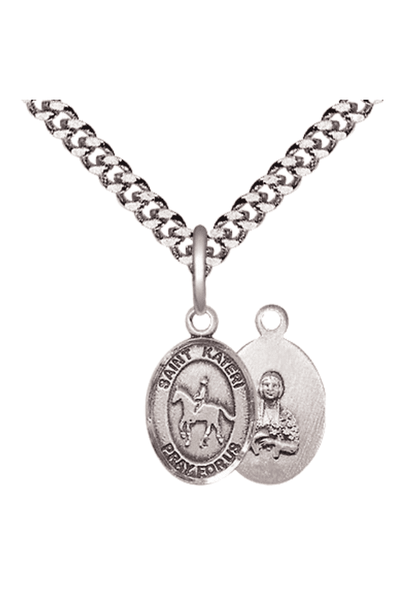 Small .925 Sterling Silver Saint Kateri Equestrian Medal Pendant on 24 Inch Endless Rhodium Plated Heavy Curb Brass Chain, Catholic Religious Necklace -Made in USA- Deluxe Velvet Gift Box