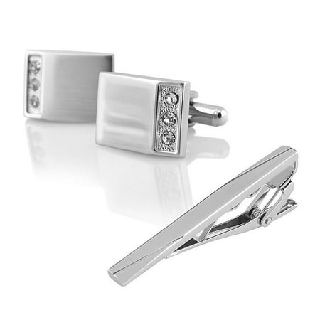 Zodaca Crystal Mens Wedding Party Gift Cufflinks+Simple Slashes Silver Tie Clip