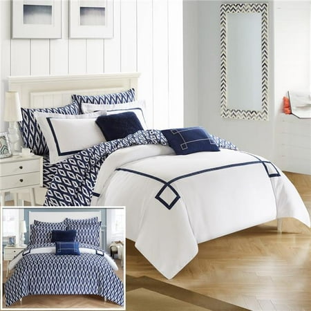 Greek Key Sheets - Chic Home CS2945-US Sandrine Contemporary Greek Key Embroidered Reversible Bed in a Bag Comforter Set with Sheets - Navy - Queen - 9 Piece