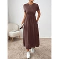 thumbnail image 3 of Maroon Drawstring Waist A-Line Midi Dress With Side Pockets Casual Womens Dress, 3 of 5