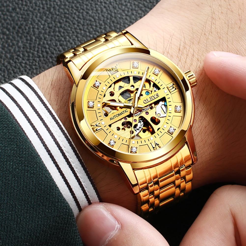 OLEVS Skeleton Watches for Mens Automatic Mechanical self Winding Diamond Luxury Business Dress Stainless Steel Waterproof Luminous Mens Wrist Watches Reloj Para Hombre Blue/White/Black/Gold Dial