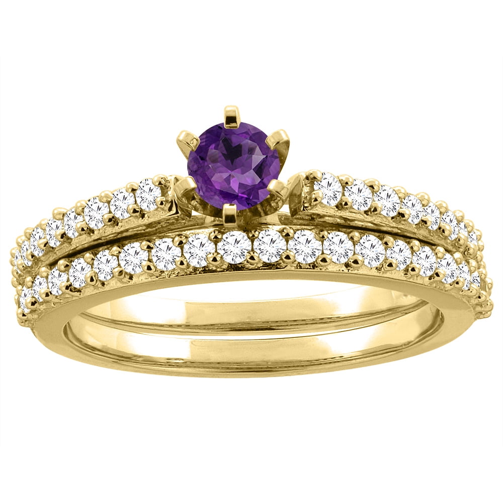 10K Yellow Gold Natural Amethyst 2-piece Bridal Ring Set Round 4mm, size 5 by Gabriella Gold