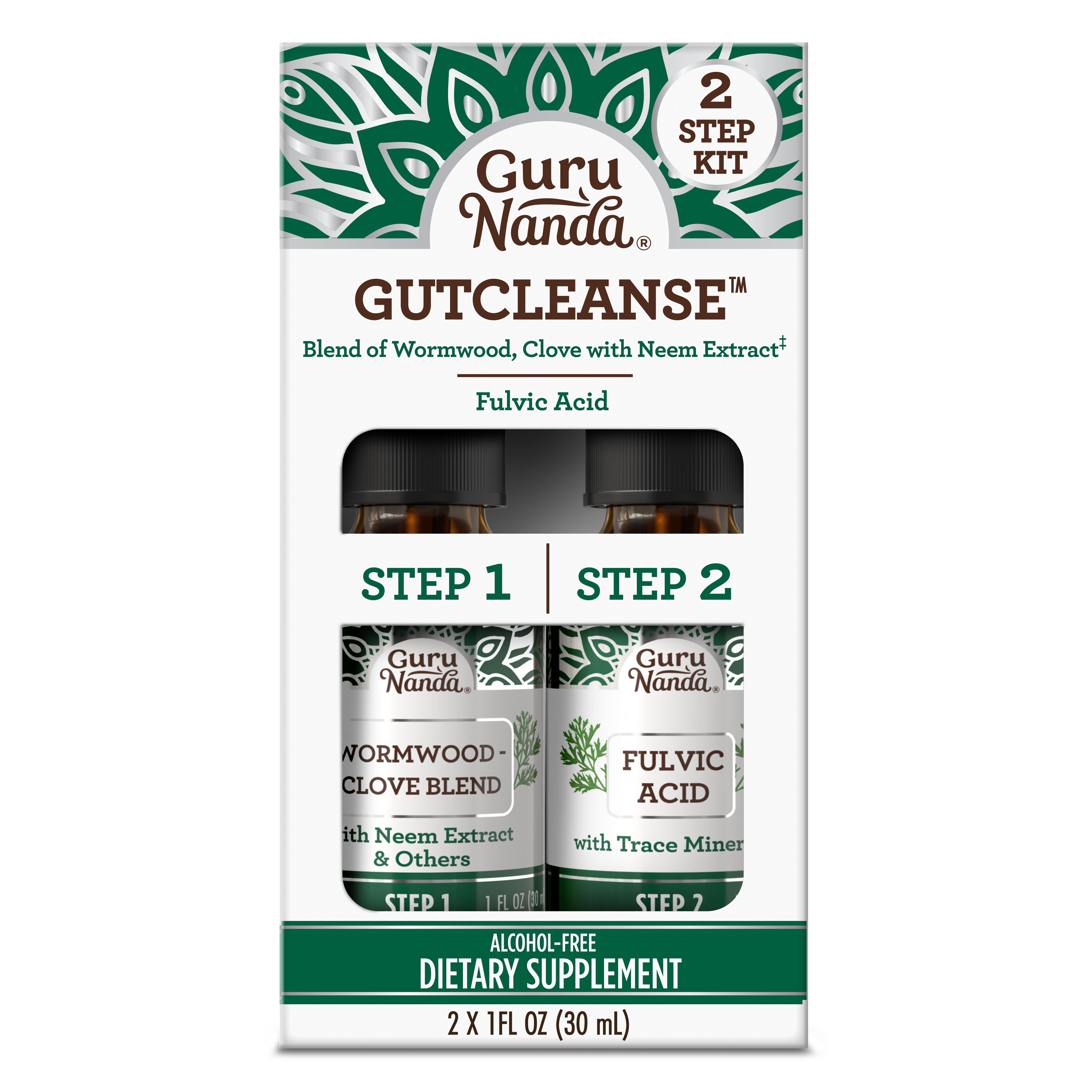 GuruNanda Gutcleanse 2-Step Kit - Dietary Supplement to Help with Digestion - Blend of Fulvic Acid, Wormwood, Clove & Neem Extract, 2x1 fl oz