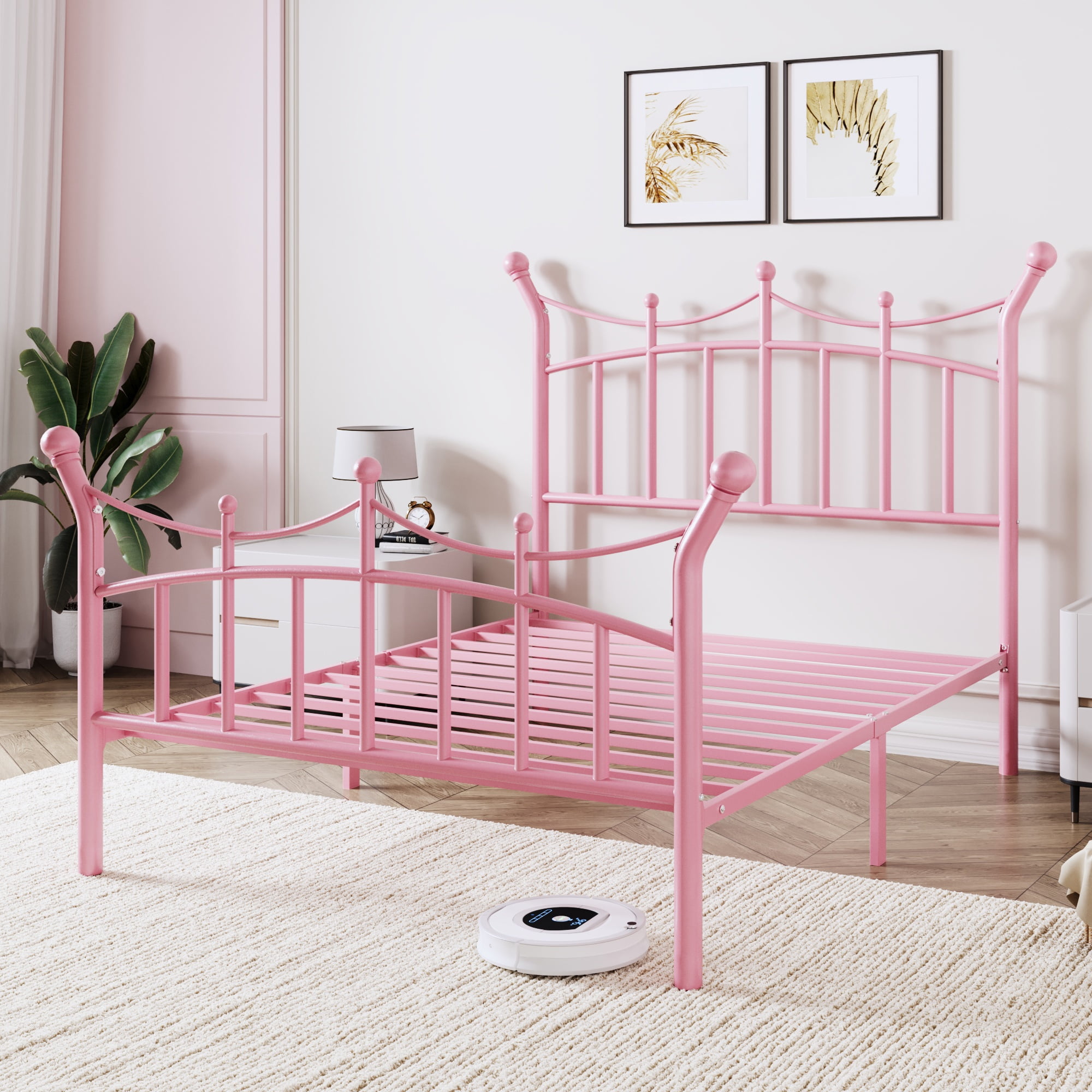 Allewie 14 Inches Twin Size Metal Platform Bed Frame with Elegant Crown Headboard & Footboard, Sturdy Mattress Foundation with Under-Bed Storage, Easy Assembly, No Box Spring Needed, Pink