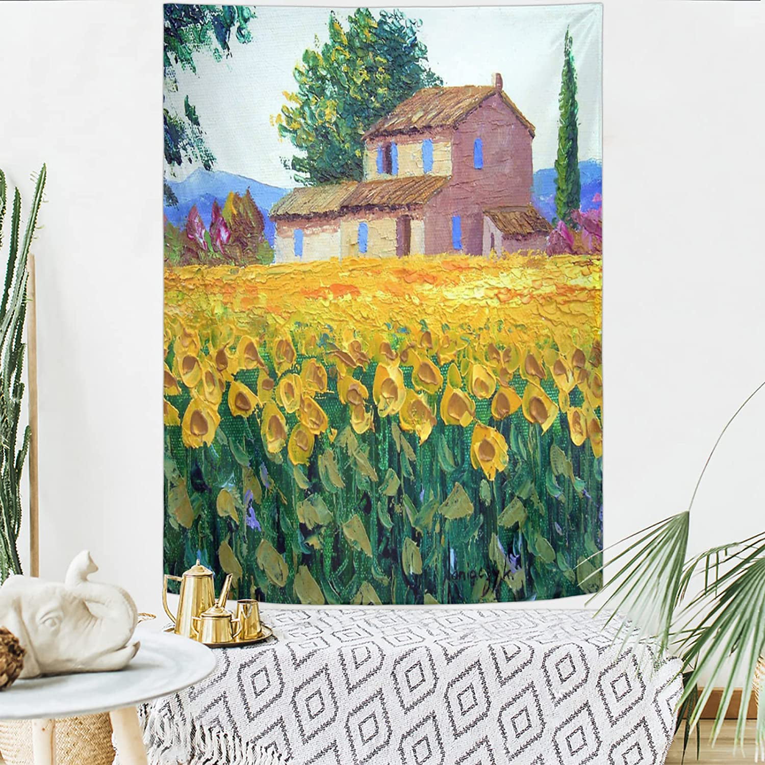 Oil Painting Sunflower Farm Wall Tapestry，Home Decor Wall Hanging Tapestry,  Durable Aesthetic Tapestry For Bedroom Living Room Dorm Yoga Room Curtain  Funny Decoration 30×40Inch 