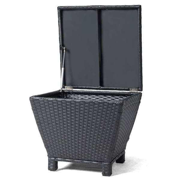 Outdoor PE Wicker Side Table with Storage, Small Patio Storage Bin Container for Hose Cushion Towel, Black