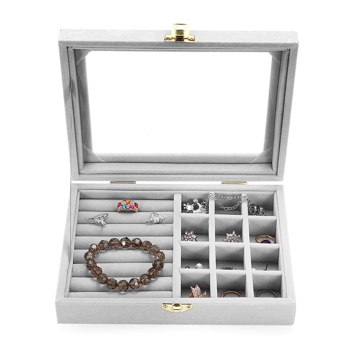 Clear Lid Jewelry Tray Showcase Display Storage Box 24 Grid Sackcloth