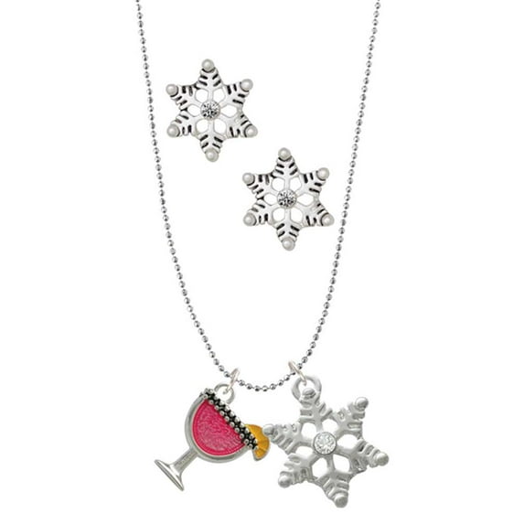 Delight Jewelry Silvertone Hot Pink Tropical Drink Silver tone Snowflake Charm Necklace and Stud Earrings