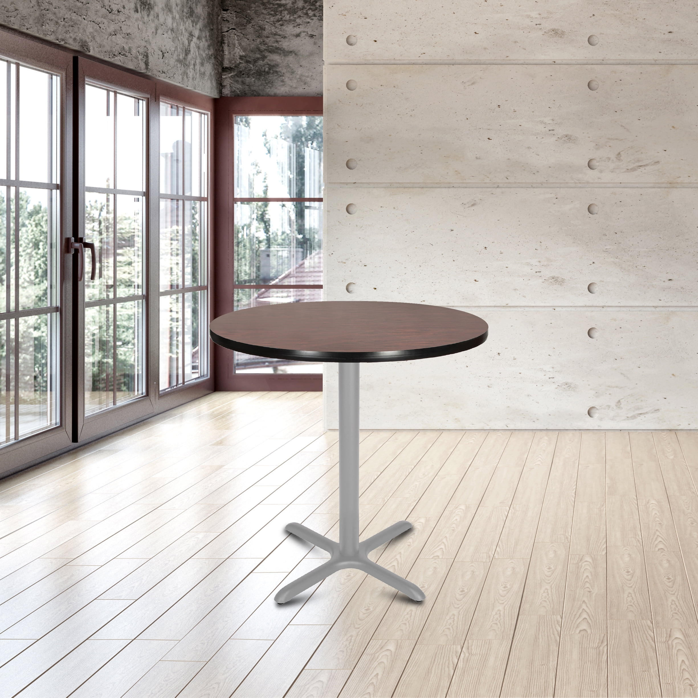 Hampden Furnishings Bennet Collection Steel Frame 36" Round Top, X Base, 36" Height, Cafe Table Grey Frame/Mahogany Top