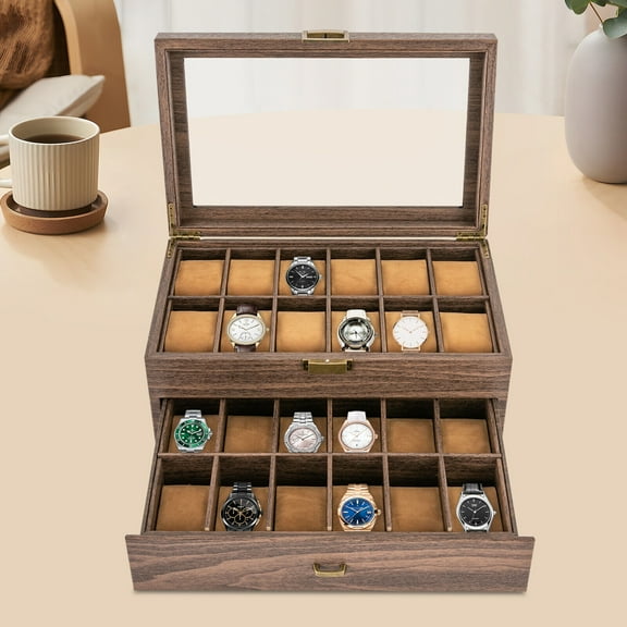 24 Slots Watch Box Table Top Mens Watch Case Brown Jewelry Holder Rustic Watch Display Case with Drawer