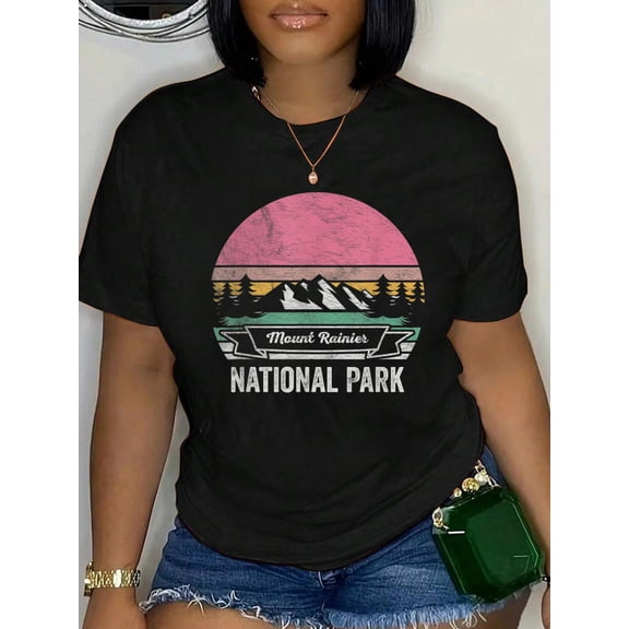 Cotton Vintage Retro Mount Rainier National Park Map Sunset T-Shirt Women's Graphic Tee Casual Tops