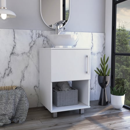 18" Bathroom Vanity In White, Single Door Cabinet And Open Shelf, Voguish Stunning