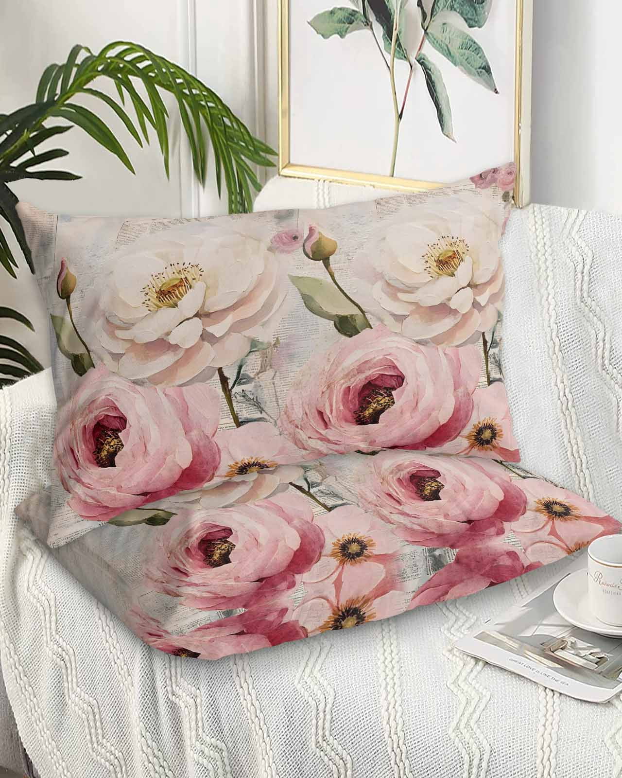 Pink White Spring Floral Pillow Covers Queen Size 2 Pack, Vintage Flowers Watercolor Soft Bed Throw Pillowcases Breathable Cooling Long Lumbar Body Pillow Sham Cover for Bed Sofa 20''x30''