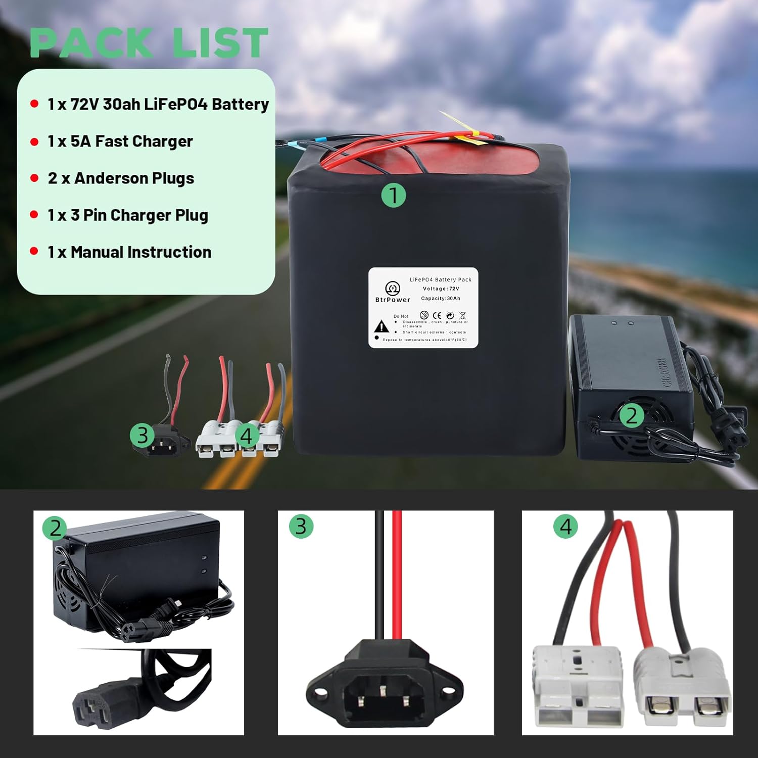 Ebike Battery 72V 30AH Lifepo4 Battery Pack with 5A Charger 50A BMS for 300W-3500W Motor
