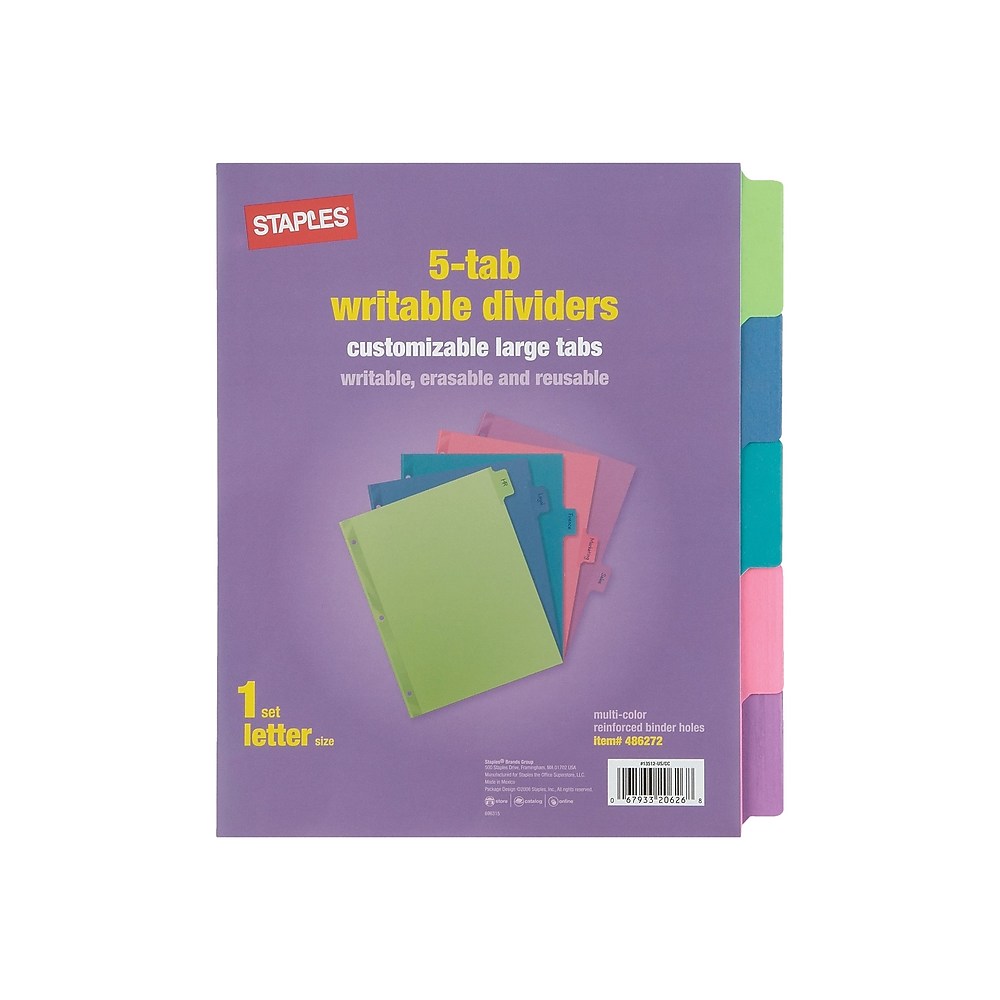 Staples Large Tabs Write & Erase Paper Dividers 5Tab Multicolor 486272