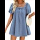 thumbnail image 1 of Vestido para Mujer, Corta Abullonada, Escote Cuadrado, Mono Vaquero con Bolsillos. Azul M, 1 of 7