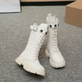 thumbnail image 3 of Girls Waterproof Mid Calf Combat Boots Fashion Star Decor Buckle Strap Lace up Lug Sole Chunke Heel Winter Tall Riding Booties White 10 Little Kids, 3 of 8
