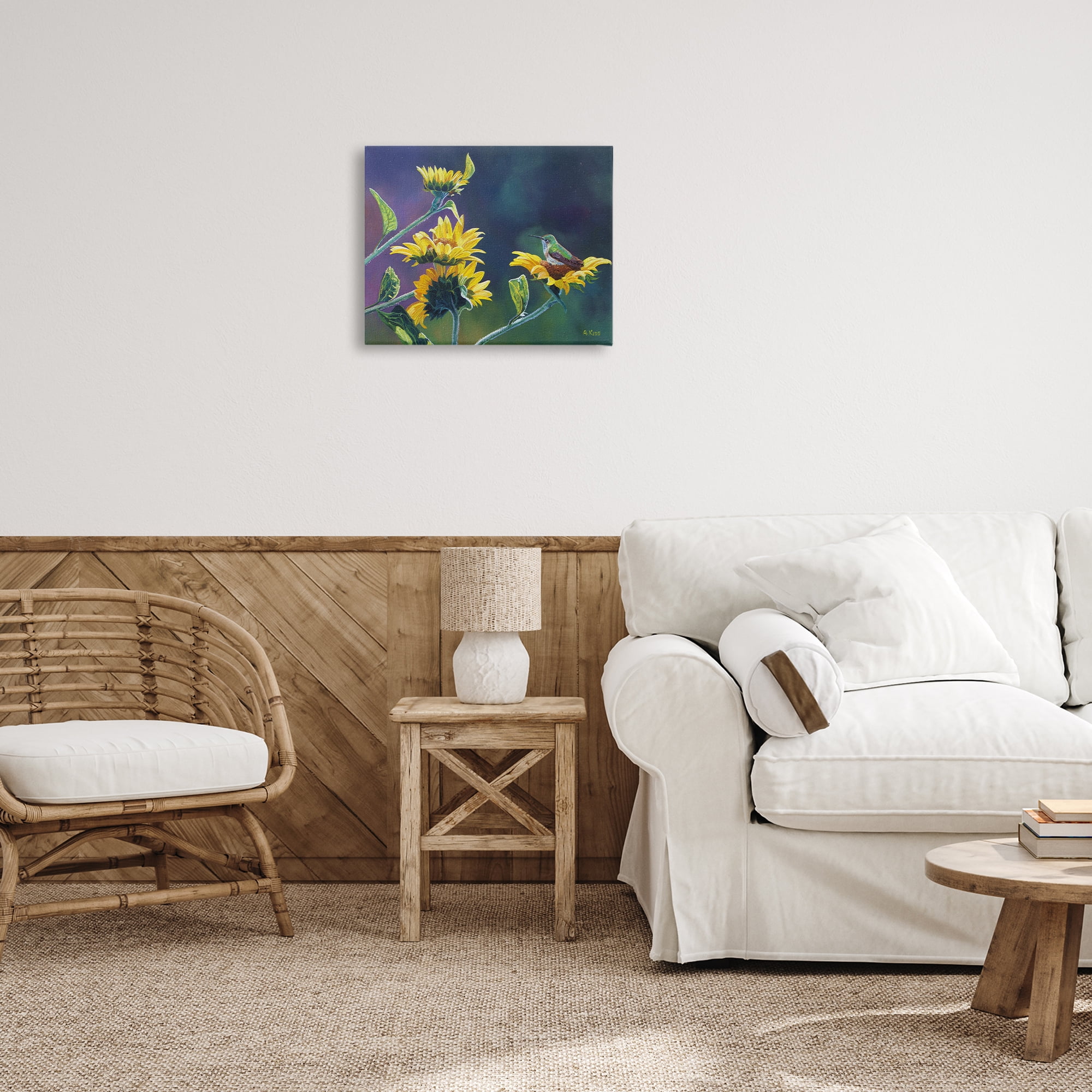 Stupell Industries Resting Birds on Sunflowers Plants & Flowers Painting Wrapped Canvas Art Print Wall Art, 20 x 16