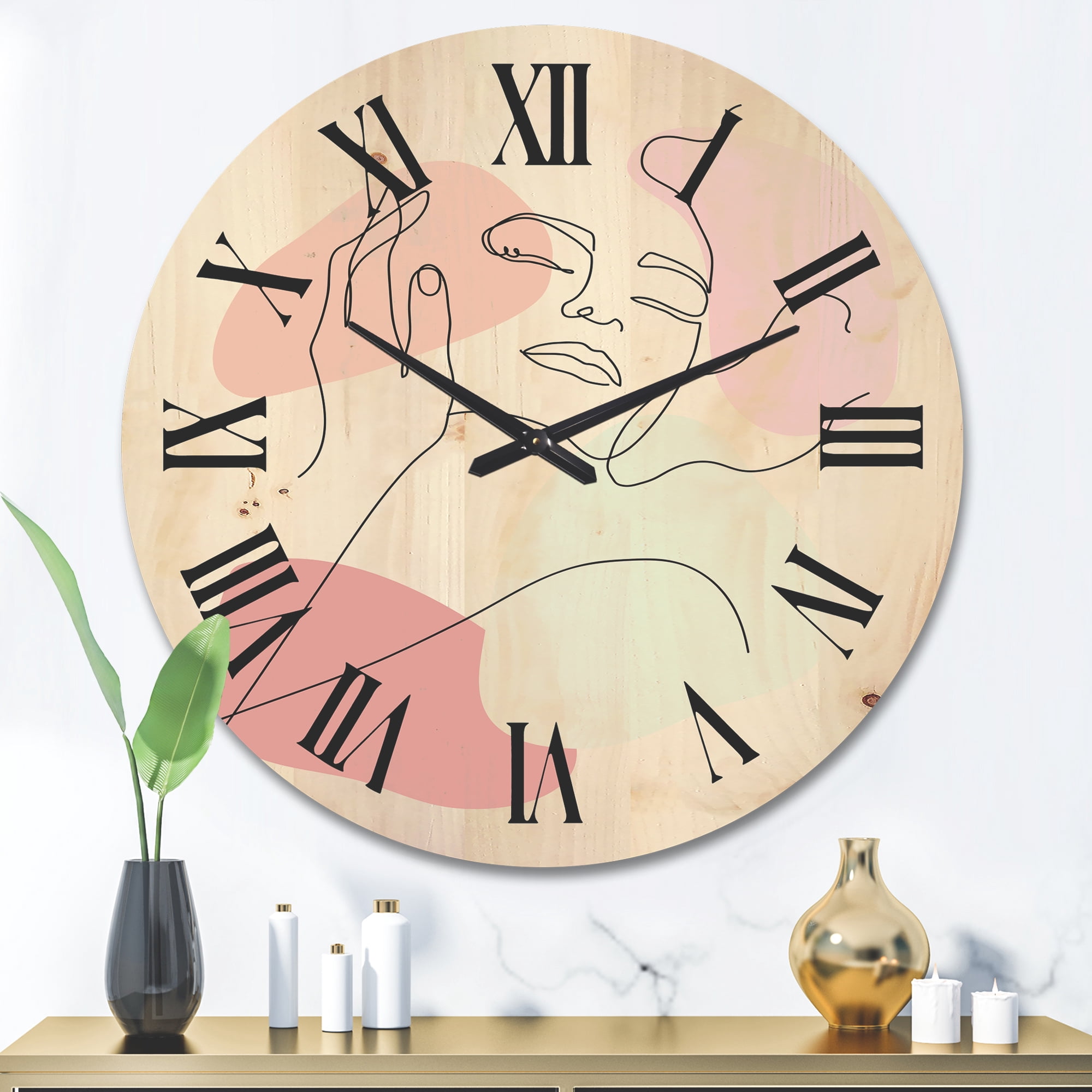 Designart 'Continuous One Line Portrait of Woman' Modern Wood Wall Clock