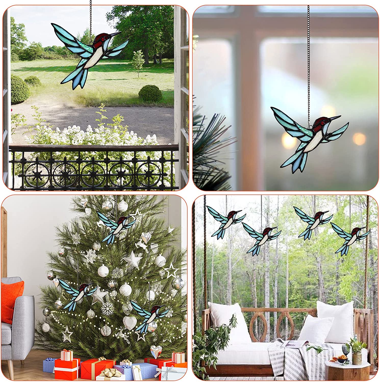Vinplus Stained Glass Window Hangings Birds Panel,Handmade Tiffany Style  Hummingbird Sun Catcher for Home Window,Blue
