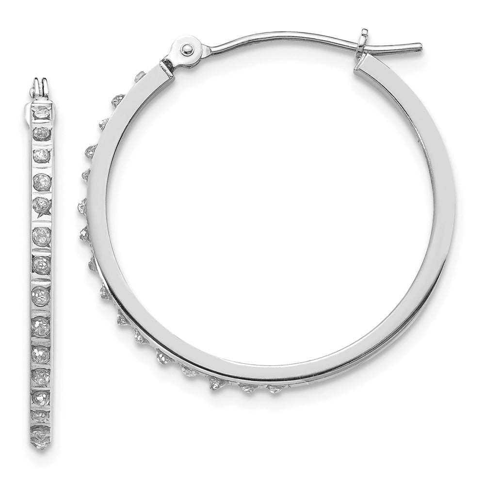 FB Jewels Solid 14K White Gold Diamond Fascination Round Hinged Hoop Earrings