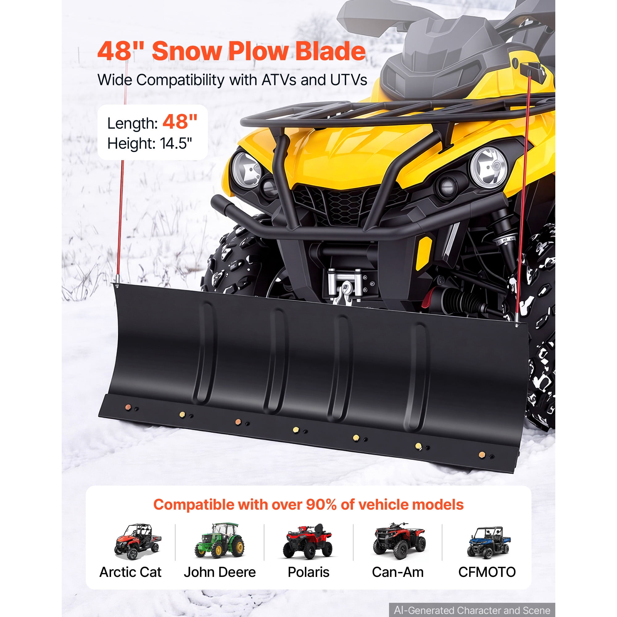 KFFKFF 48-inch Snow Plow Kit with Universal Attachment, Compatible with Most ATVs and UTVs, Adjustable Height and Angle, Quick Detachment, Durable Steel Blade for Effective Snow Removal