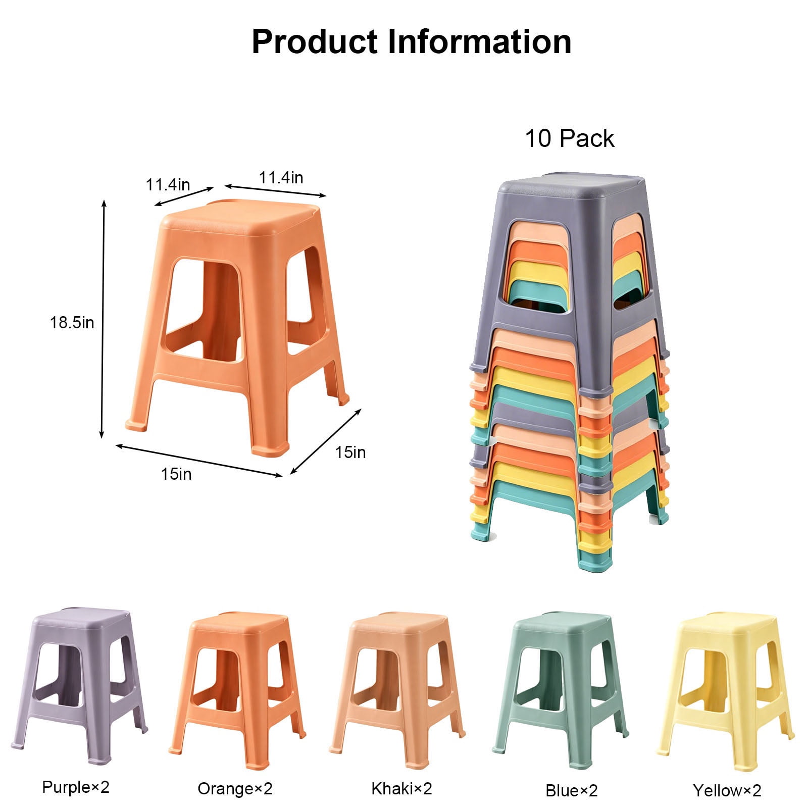 PORKISS 10 Pack Stackable Stools, 18.5 Inch Plastic Classroom Stools, Colorful Nesting Backless Stools for Flexible Seating, School, Home, Office, No Assembly, 350 lbs