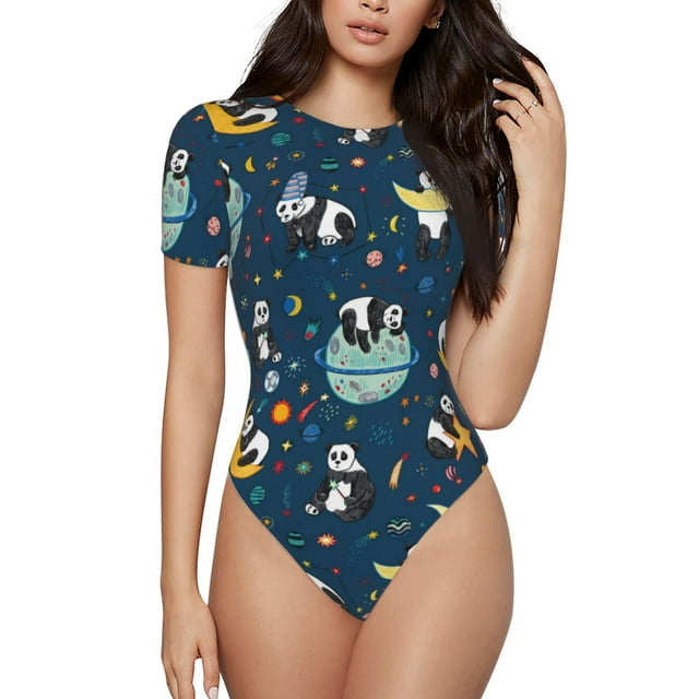 Saiise Space Pyjama à Motif Panda pour Femmes, Grenouillère à Manches Courtes, Col Rond, Justaucorps Extensible avec Fermeture à Pression - Très Grand