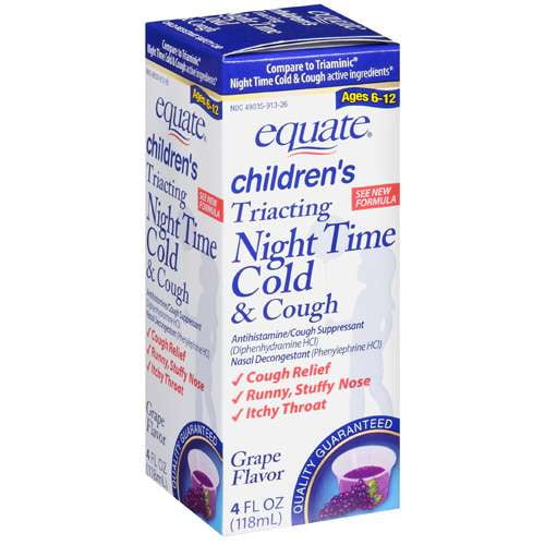 Equate: Children's Treating Night Time Cold & Cough Grape Flavor Antihistamine/Cough Suppressant/Nasal Decongestant, 4 fl oz