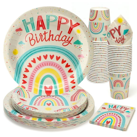 100 Pcs Birthday Plates and Cups and Napkins Party Supplies, Rainbow Theme Happy Birthday Party Paper Plates and Napkins Sets for Kids, Serve for 25 Guests, Rainbow