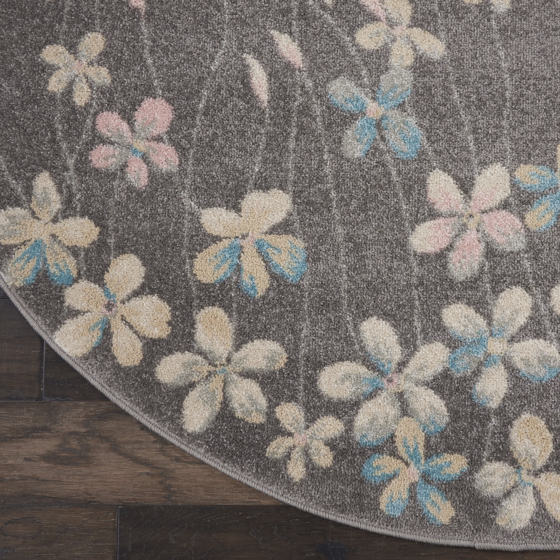 Nourison Tranquil Floral Grey/Beige 5'3" x ROUND Area Rug, (5 Round)