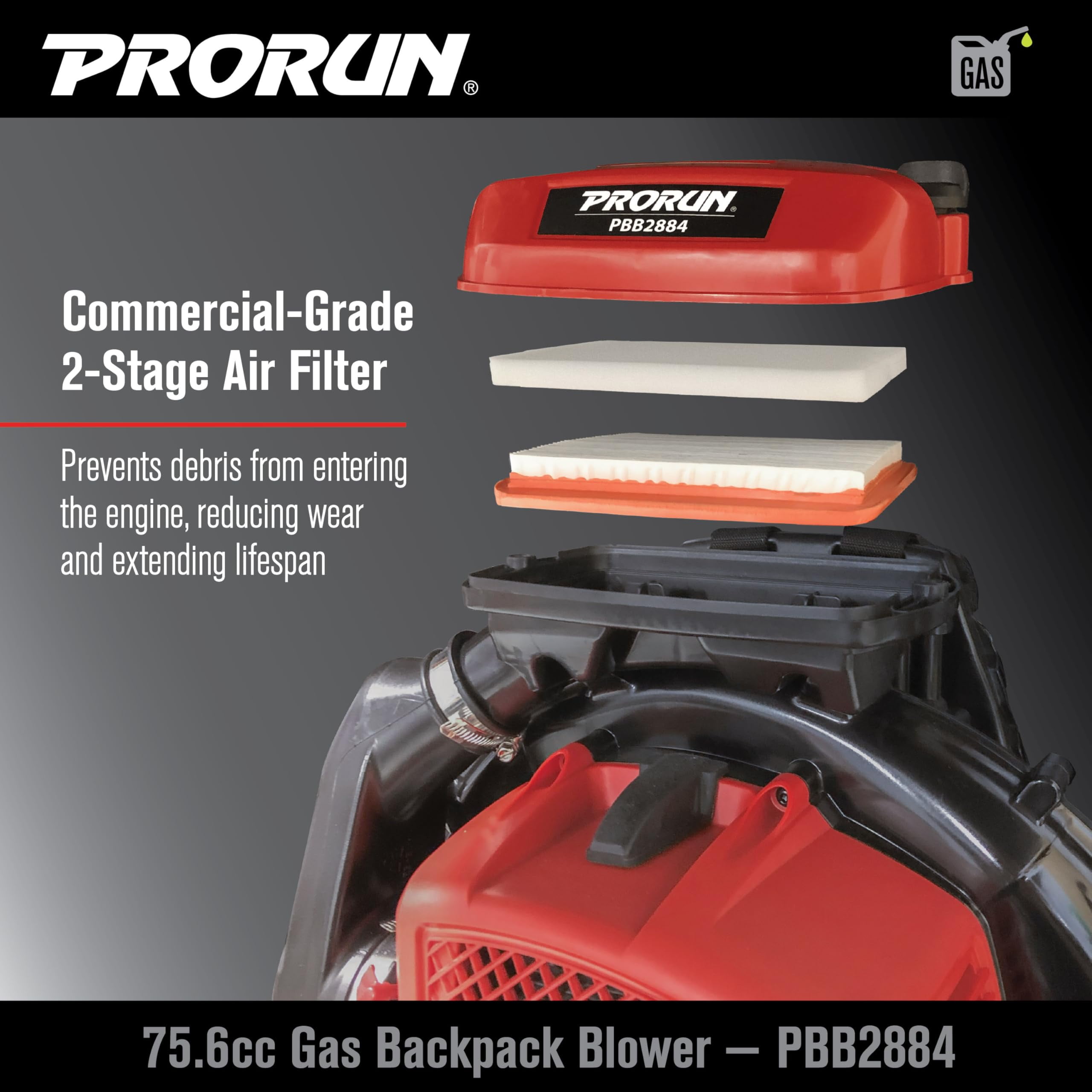 PRORUN 75.6cc 1020 CFM 240 MPH Gas-Powered 2-Cycle Backpack Leaf Blower