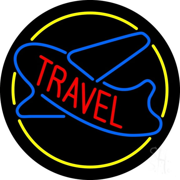 Travel With Blue Logo LED Neon Sign 18 x 18 - inches, Black Square Cut Acrylic Backing, with Dimmer - Bright and Premium built indoor LED Neon Sign for Décor, Travel agency, Storefront.