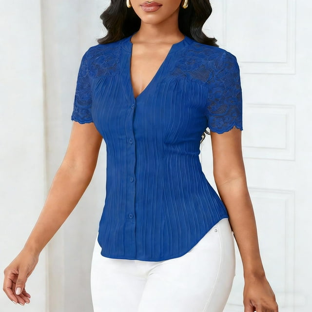 Xuyuer Women's Lace Patchwork Short Sleeve Blouse, Button V-Neck Casual Fashion Top Solid Color Shirt