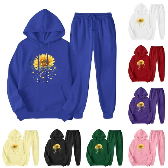 USSUMA 2 Piece Sweatsuit Women's Hoodie Long Sleeved Pullover Sweatpant Outfits Pocket Drawstring Print Tracksuit Stretchy Waist Fashion Jogger Sets Plus Size Running Fall Suit