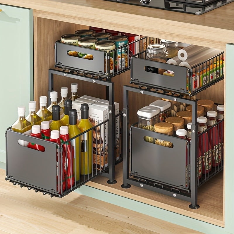 2-Tier Under Sink Organizer with Sliding Drawer, Heavy Duty Carbon Steel Storage Rack for Kitchen & Bathroom, Adjustable Shelves with Hooks for Utensils, Cleaning Supplies and Spices
